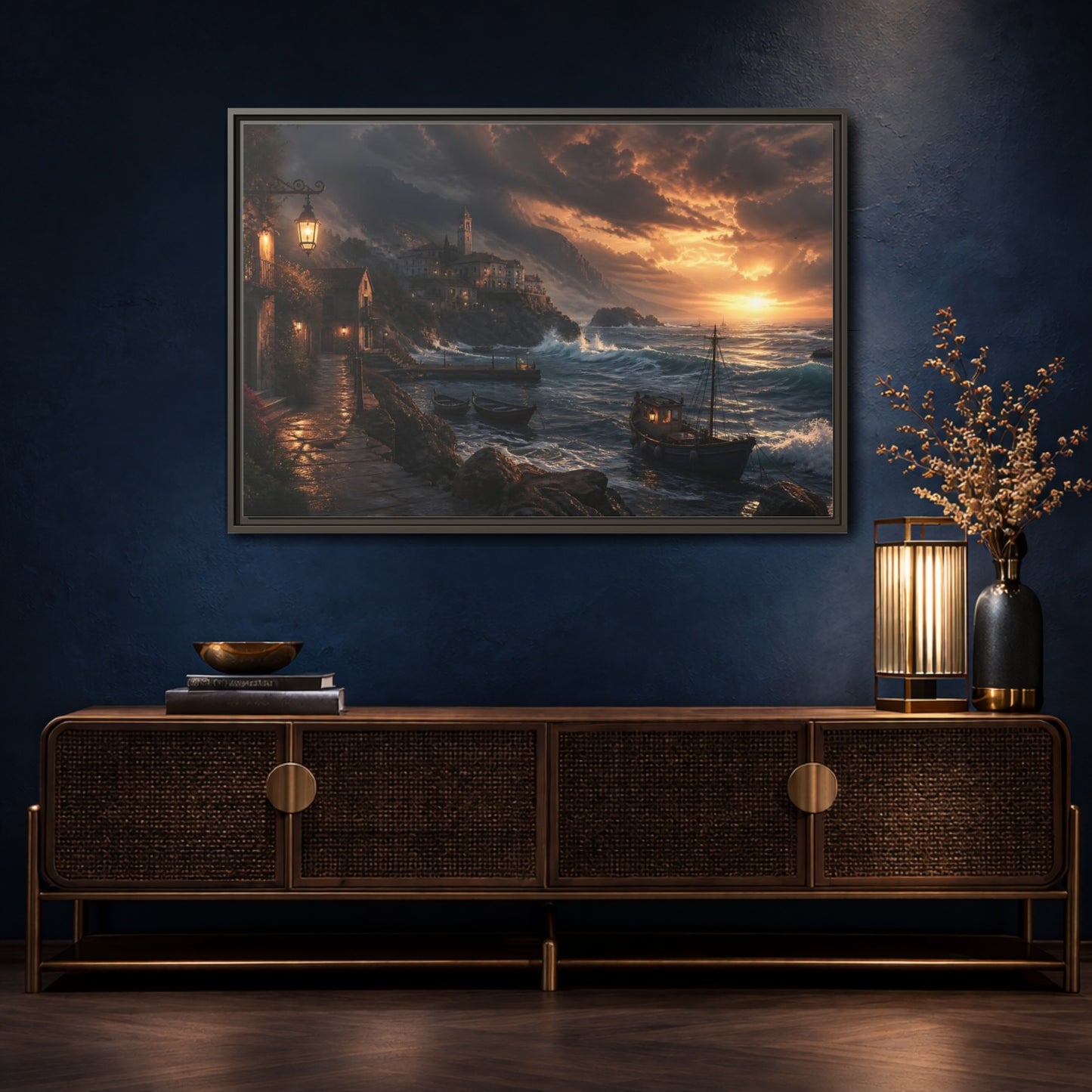 Mockup 4. Stormy Sunset Coastal Village shown as framed canvas print