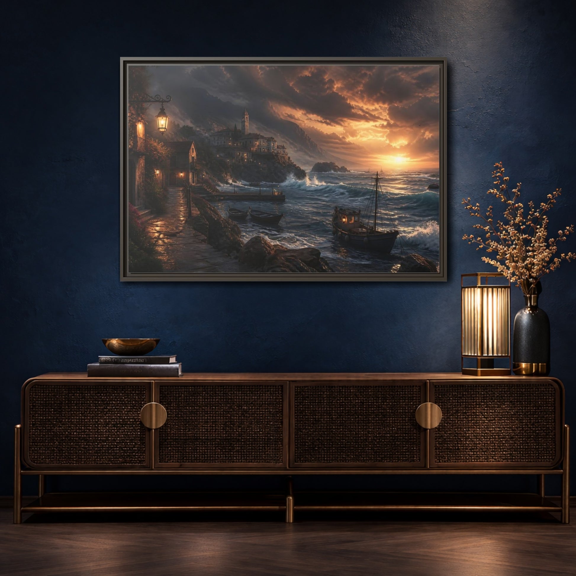 Mockup 4. Stormy Sunset Coastal Village shown as framed canvas print