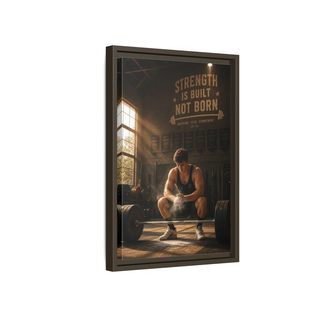 Side Mockup 5. Strength Is Built shown as framed canvas print