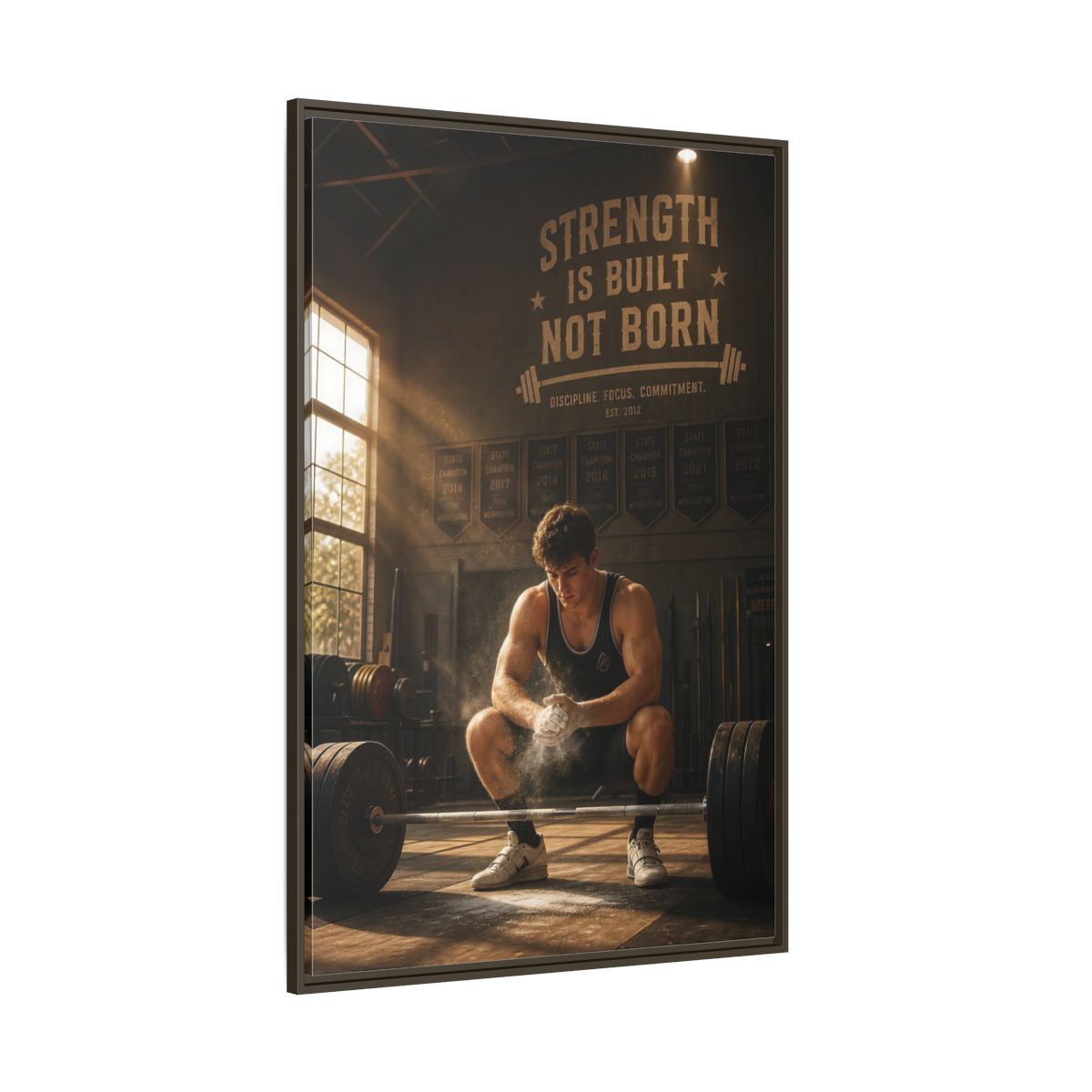 Side Mockup 8. Strength Is Built shown as framed canvas print