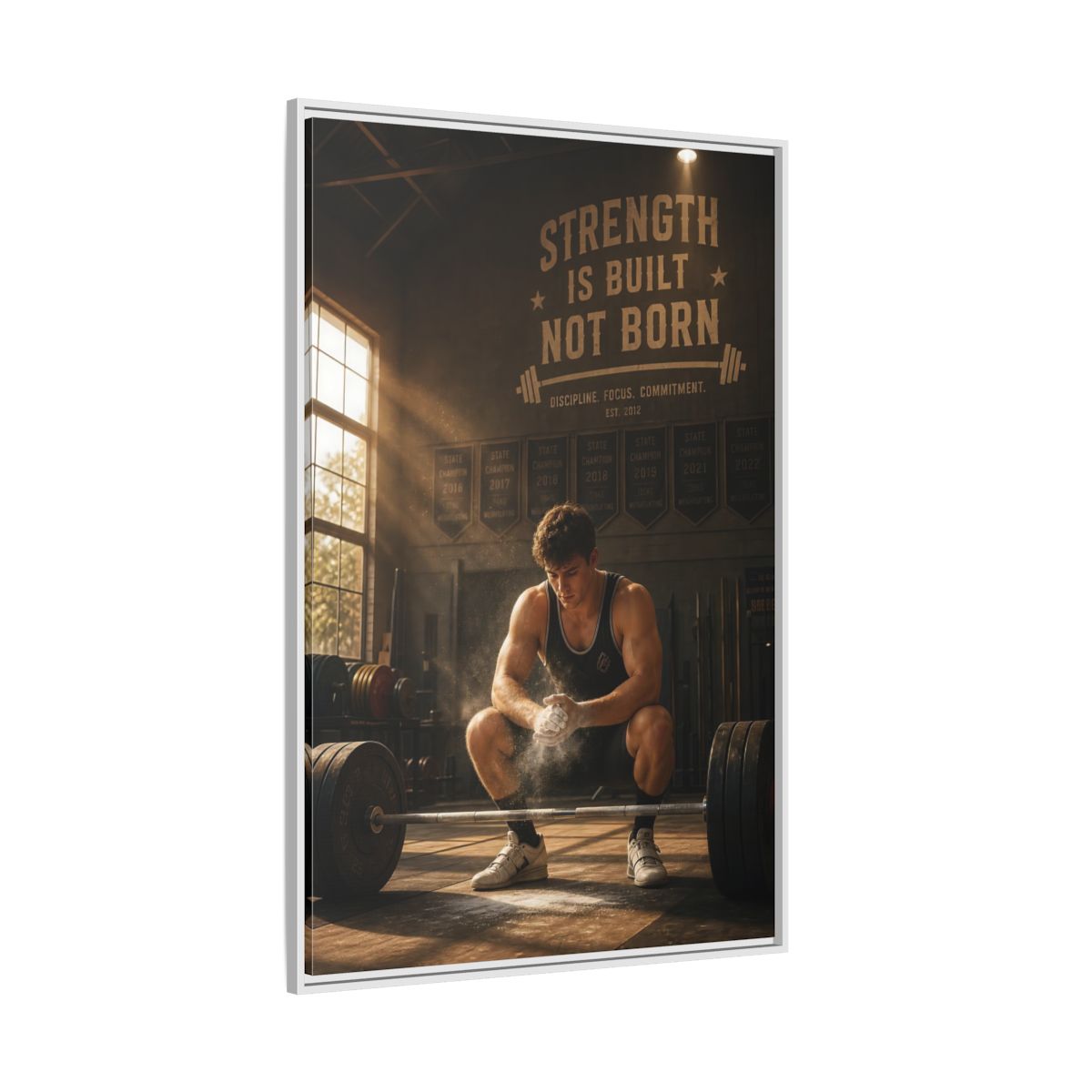 Side Mockup 7. Strength Is Built shown as framed canvas print