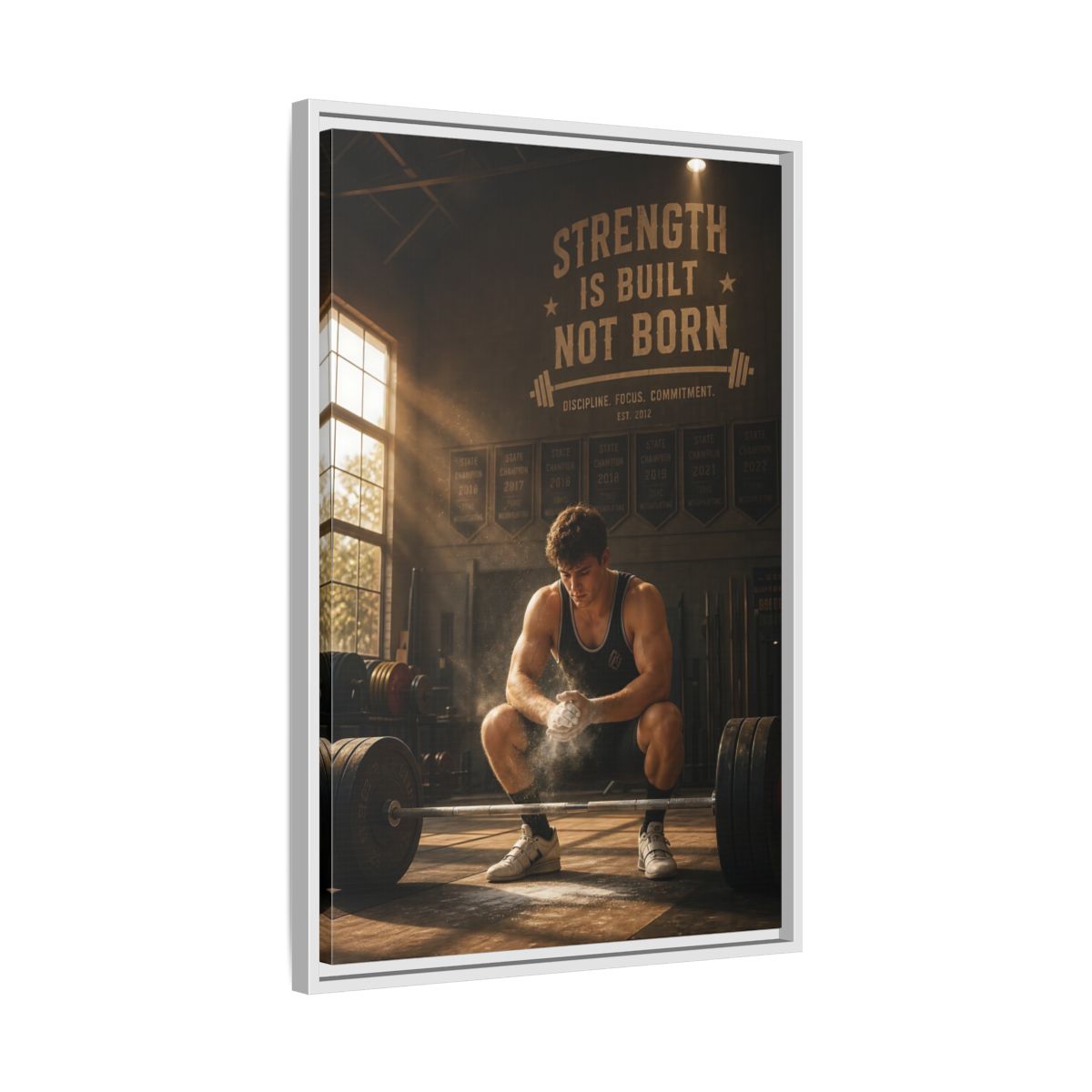 Side Mockup 10. Strength Is Built shown as framed canvas print