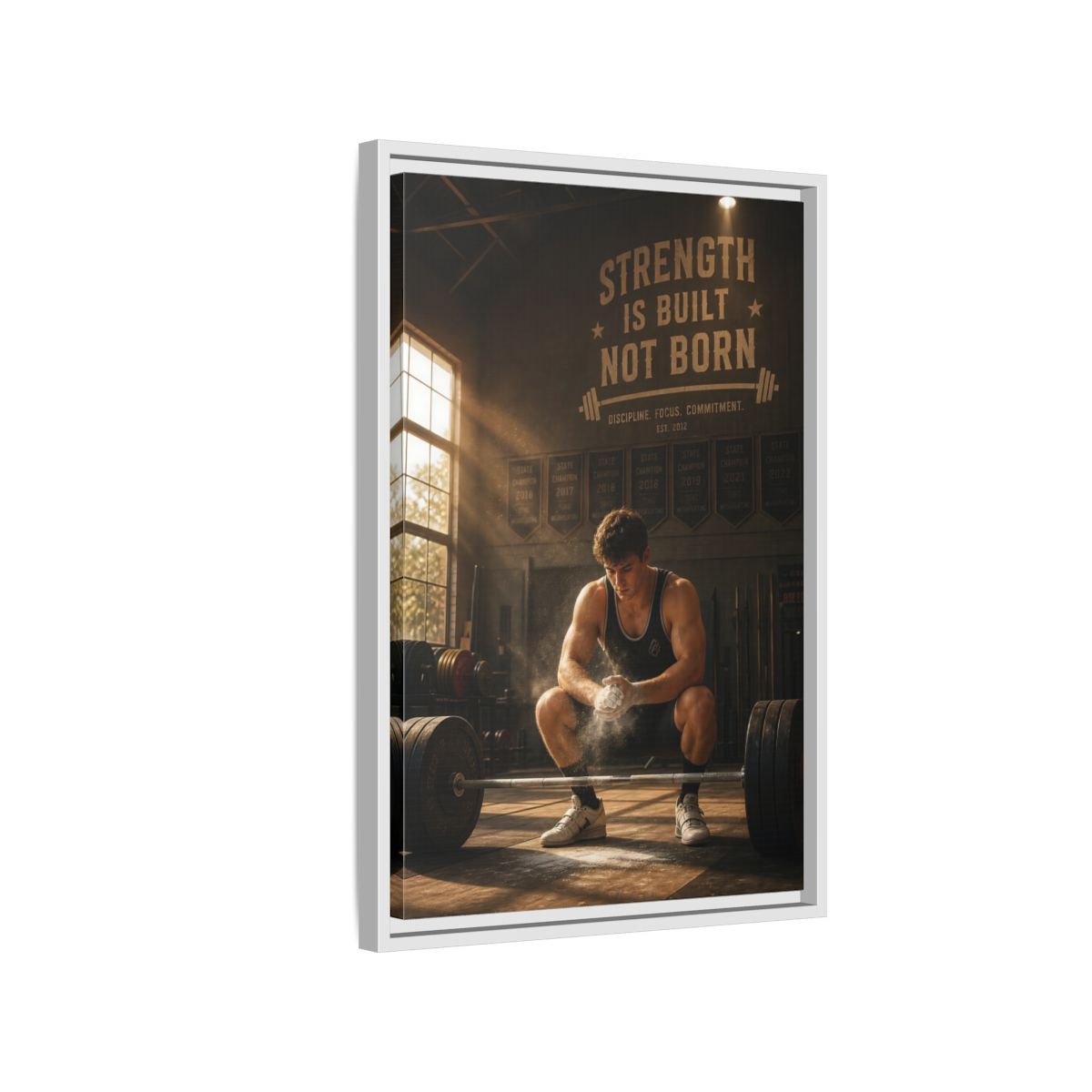 Side Mockup 1. Strength Is Built shown as framed canvas print