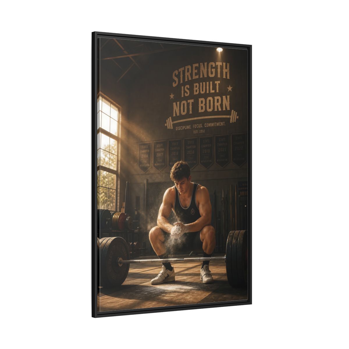 Side Mockup 12. Strength Is Built shown as framed canvas print