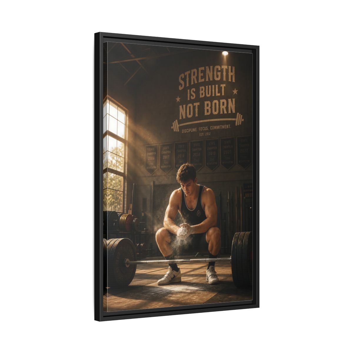 Side Mockup 14. Strength Is Built shown as framed canvas print