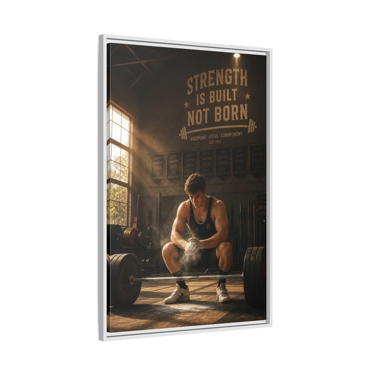 Side Mockup 9. Strength Is Built shown as framed canvas print