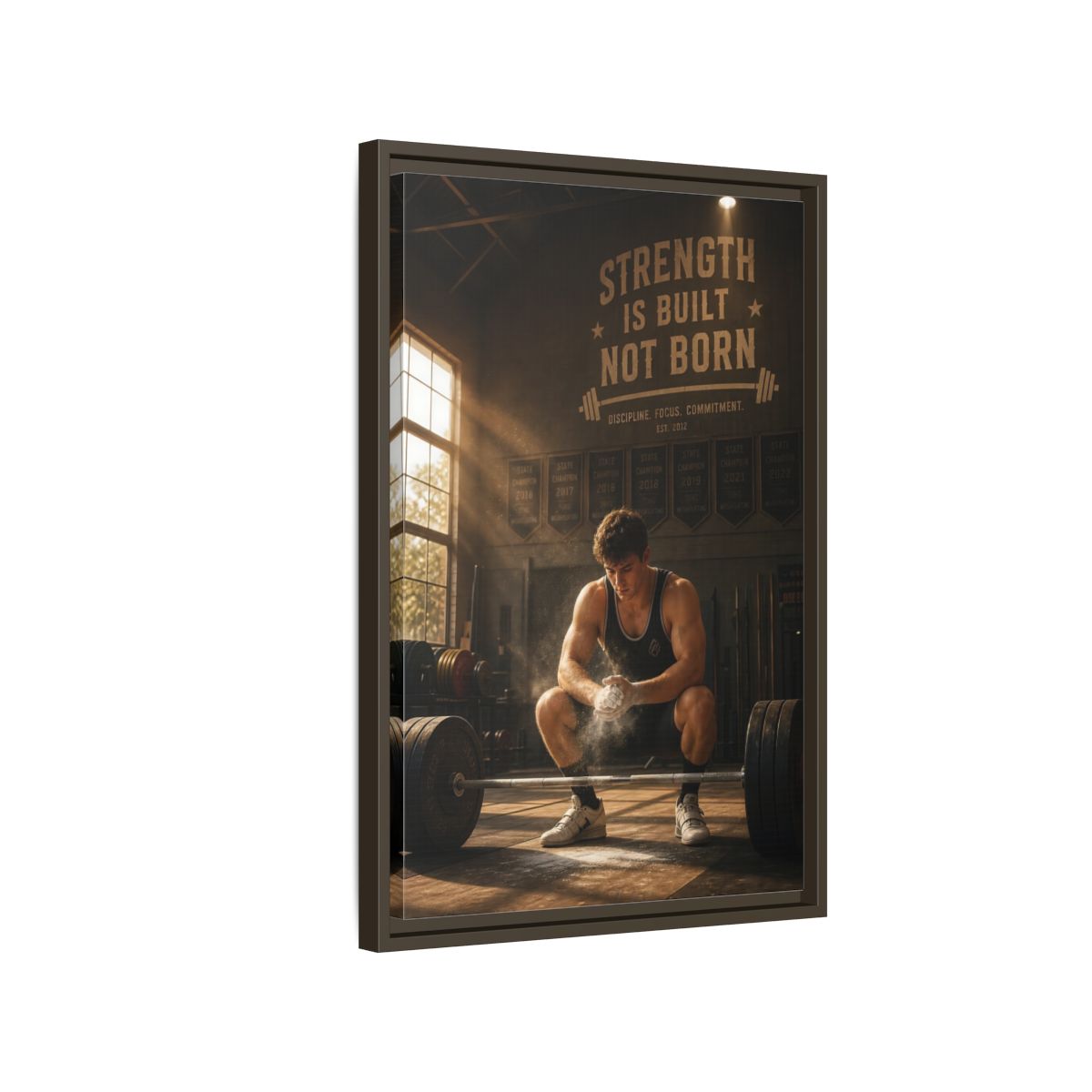 Side Mockup 2. Strength Is Built shown as framed canvas print