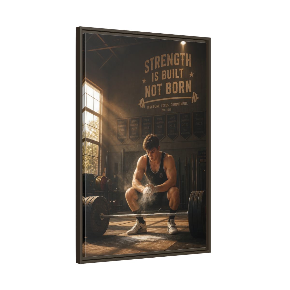 Main Mockup. Strength Is Built shown as framed canvas print