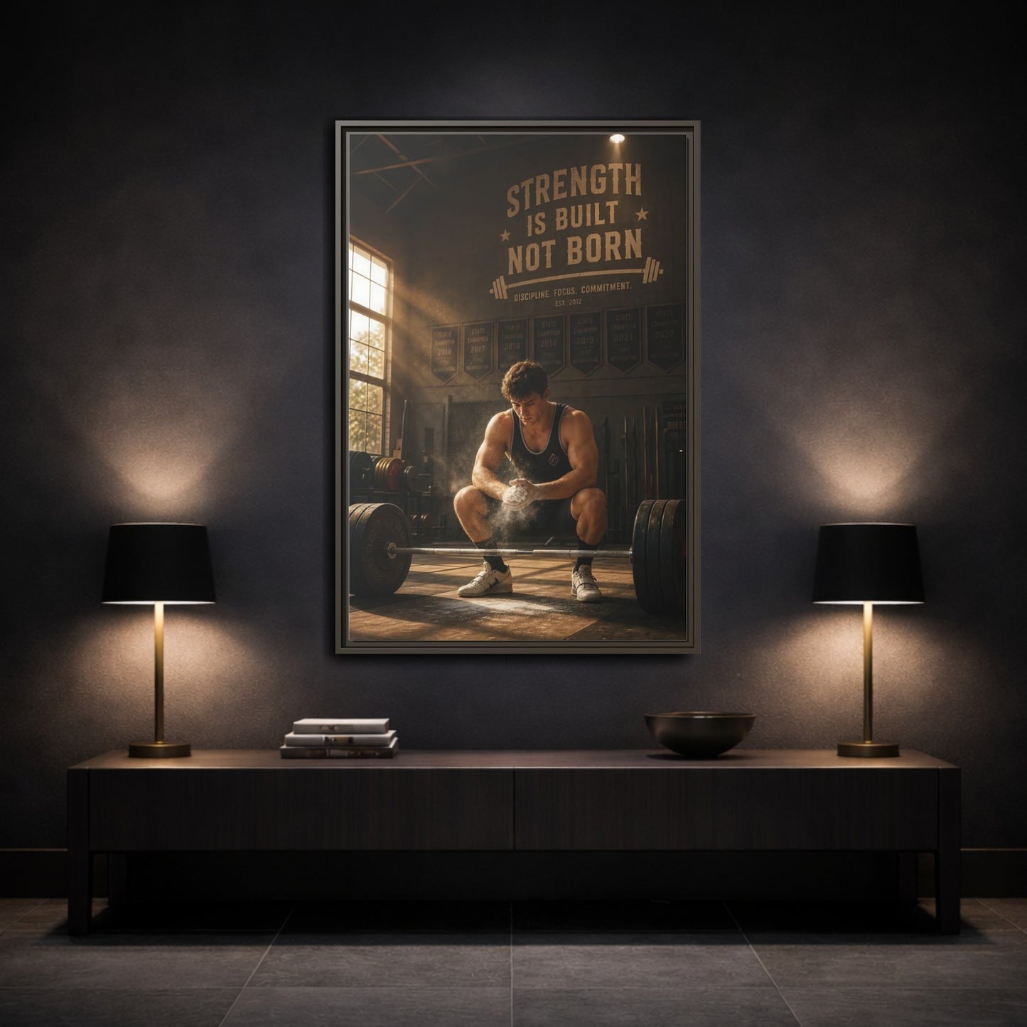 Mockup 3. Strength Is Built shown as framed canvas print