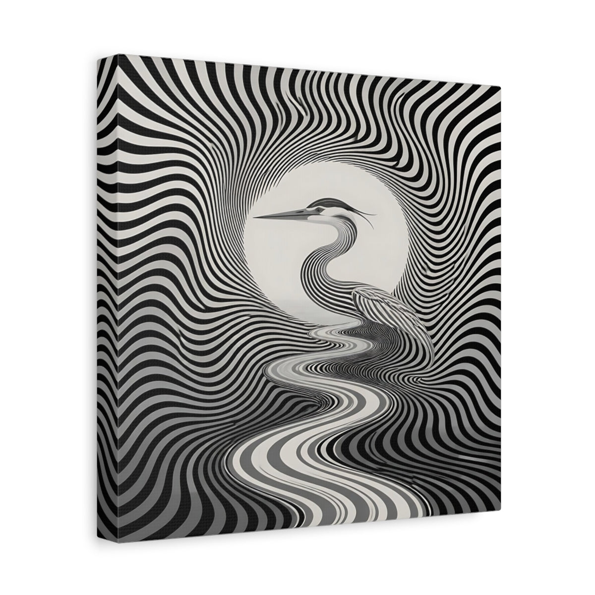 Side Mockup 8. Striped Heron Illusion shown as canvas print