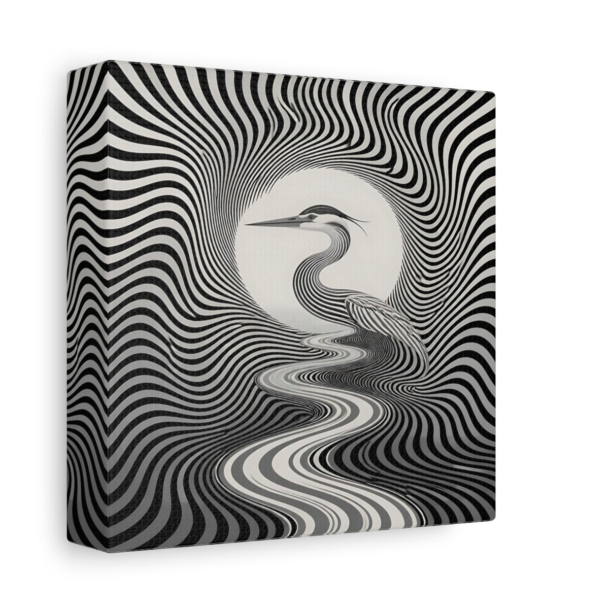 Side Mockup 2. Striped Heron Illusion shown as canvas print