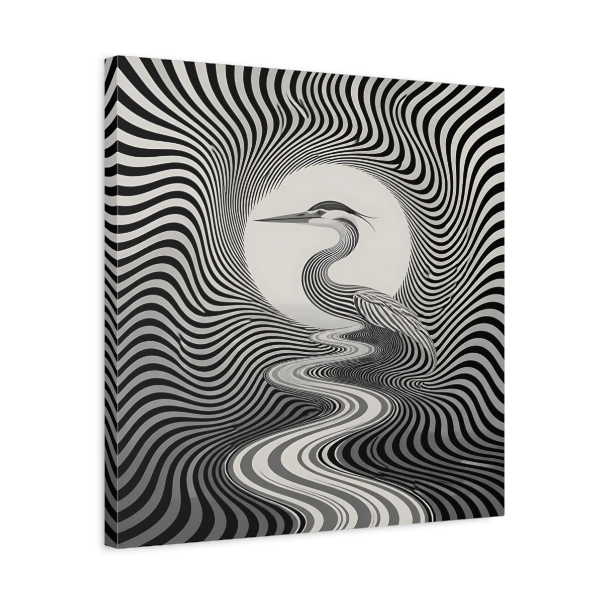 Side Mockup 5. Striped Heron Illusion shown as canvas print