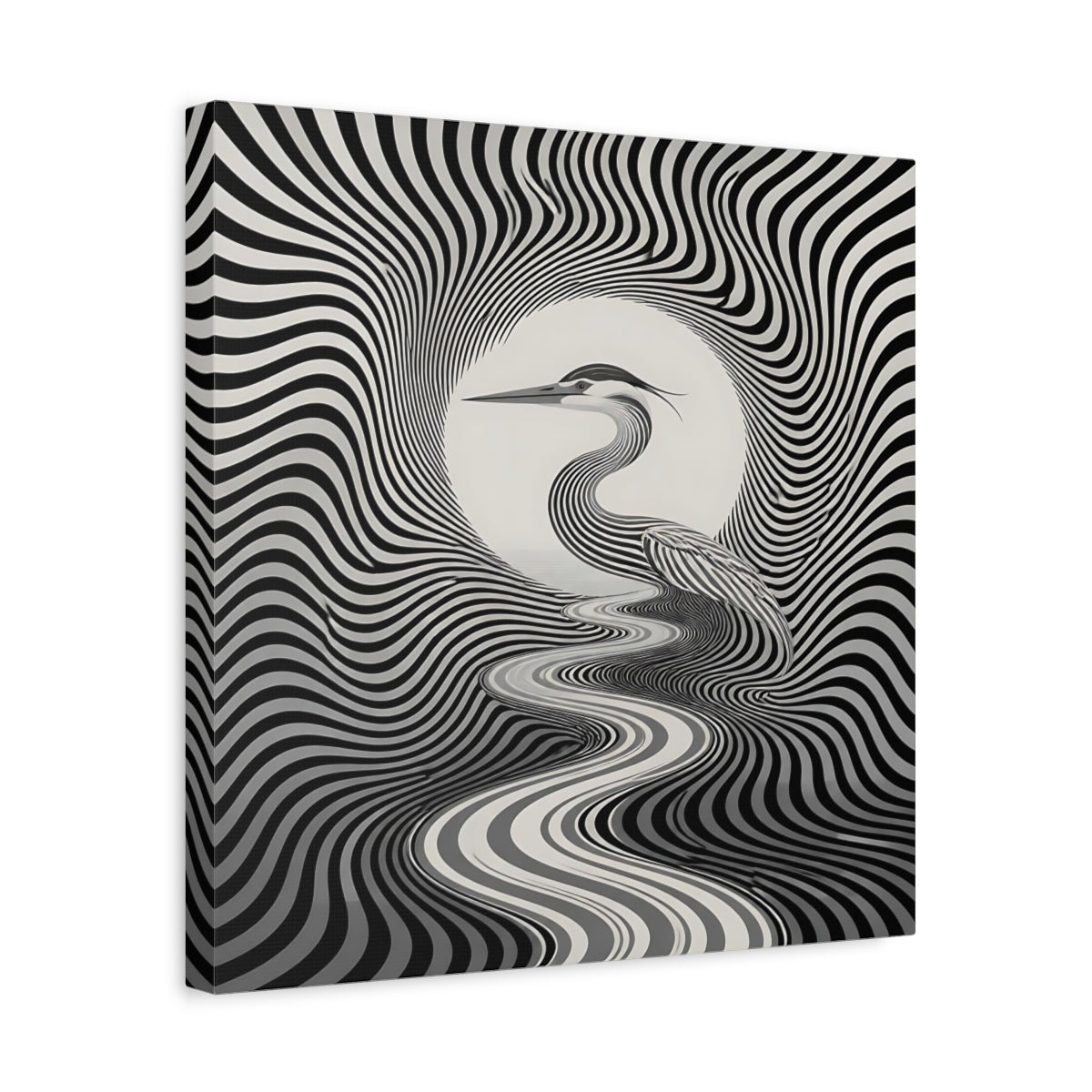 Side Mockup 6. Striped Heron Illusion shown as canvas print