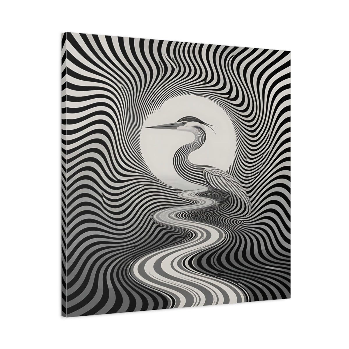 Side Mockup 3. Striped Heron Illusion shown as canvas print