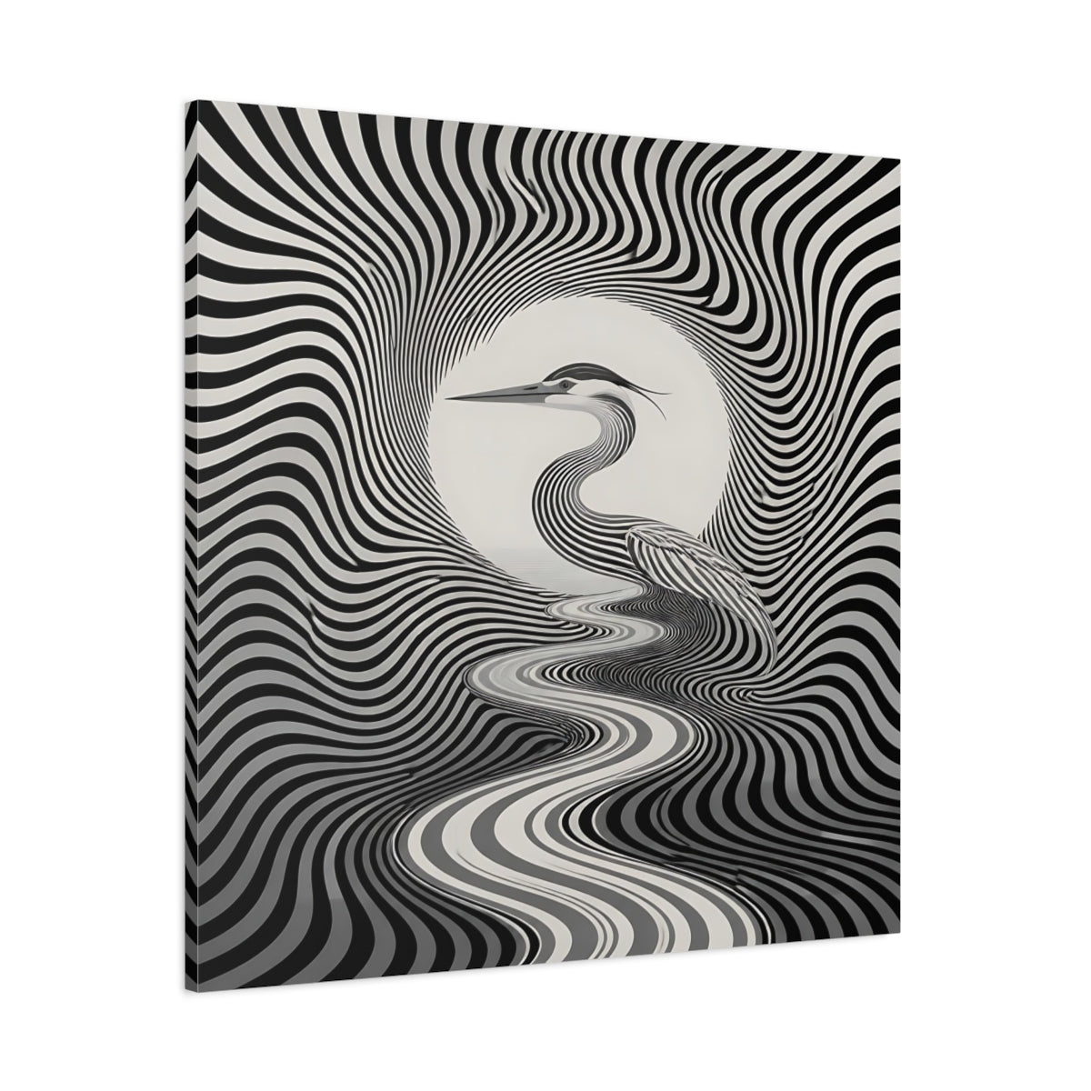 Side Mockup 1. Striped Heron Illusion shown as canvas print