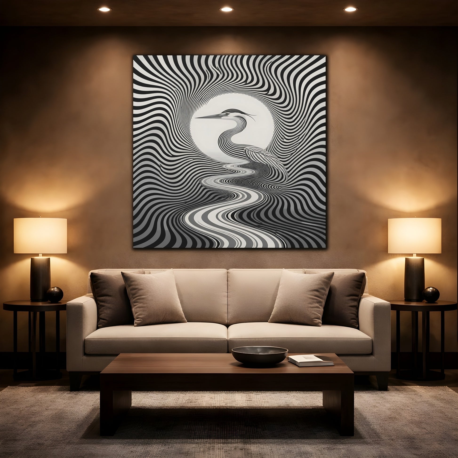 Mockup 2. Striped Heron Illusion shown as canvas print