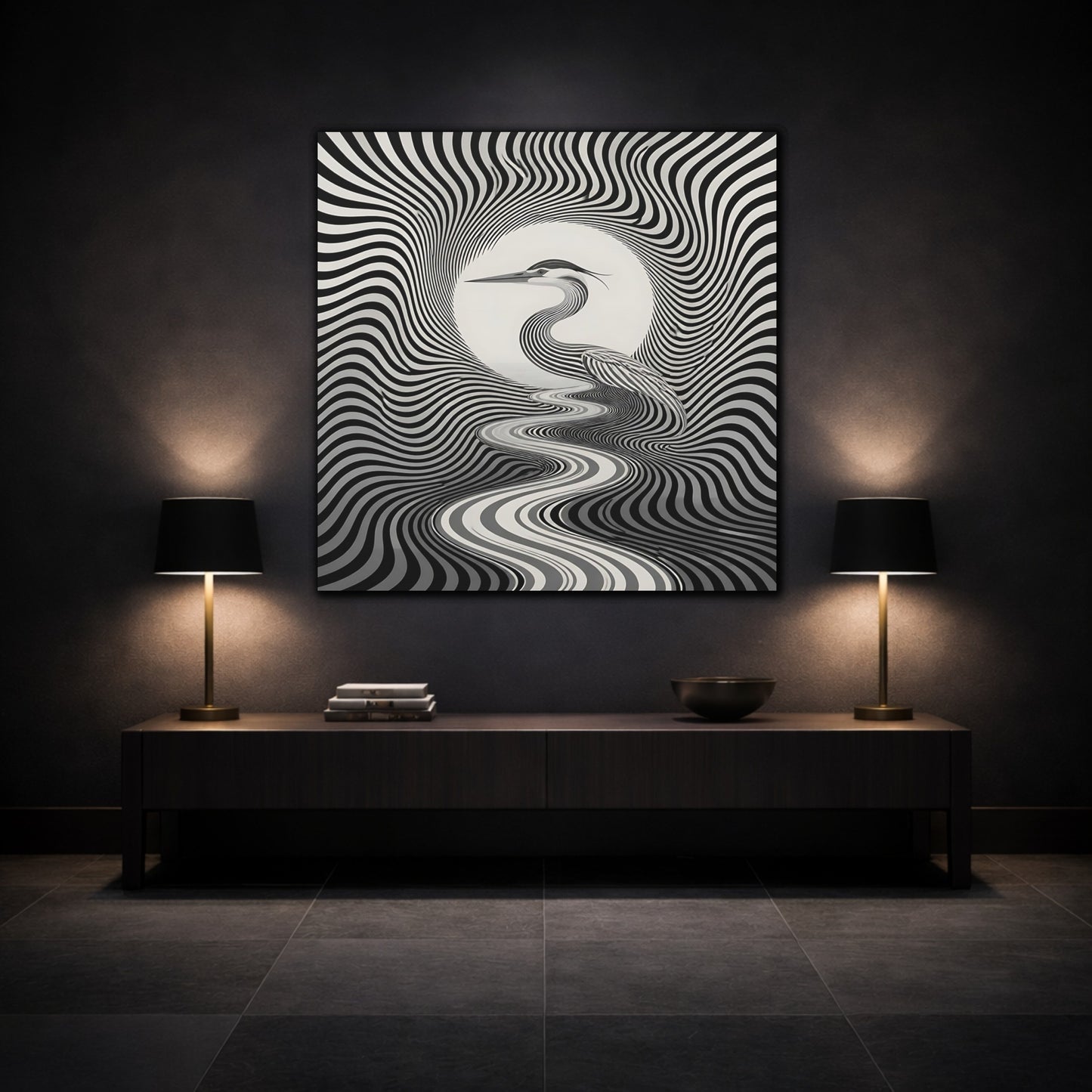 Mockup 3. Striped Heron Illusion shown as canvas print