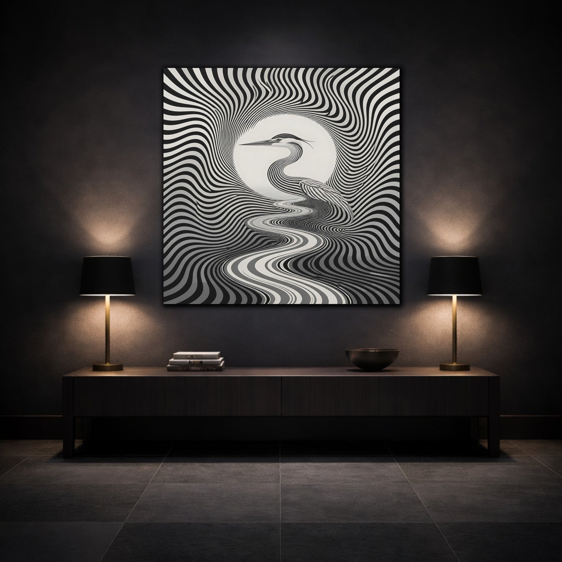 Mockup 3. Striped Heron Illusion shown as canvas print