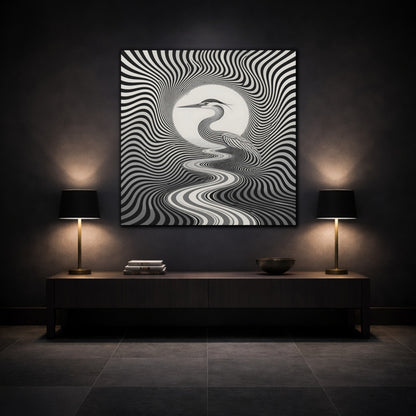 Mockup 3. Striped Heron Illusion shown as canvas print