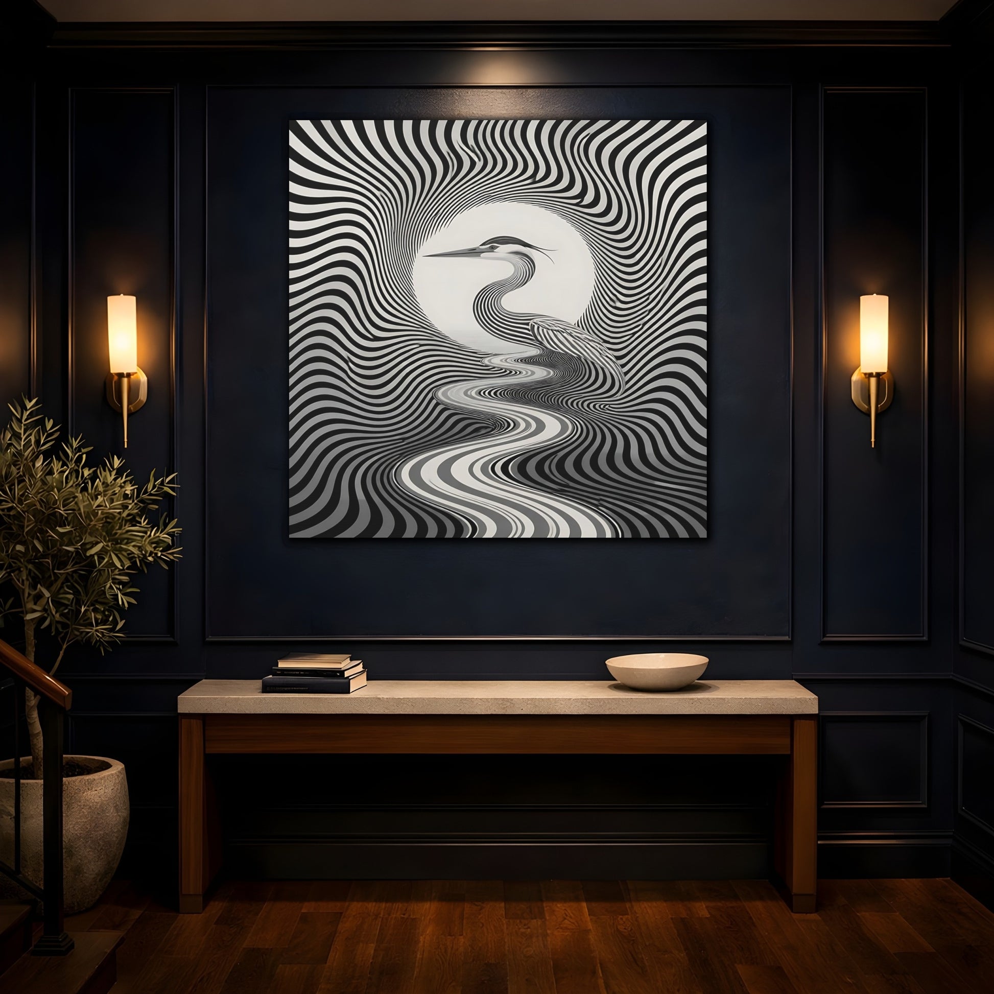 Mockup 4. Striped Heron Illusion shown as canvas print