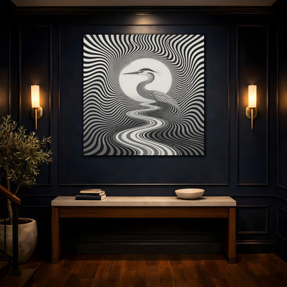 Mockup 4. Striped Heron Illusion shown as canvas print
