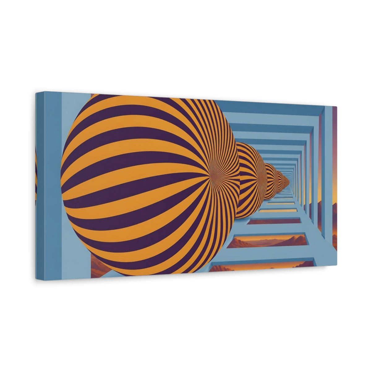 Side Mockup 3. Striped Sphere Illusion shown as canvas print