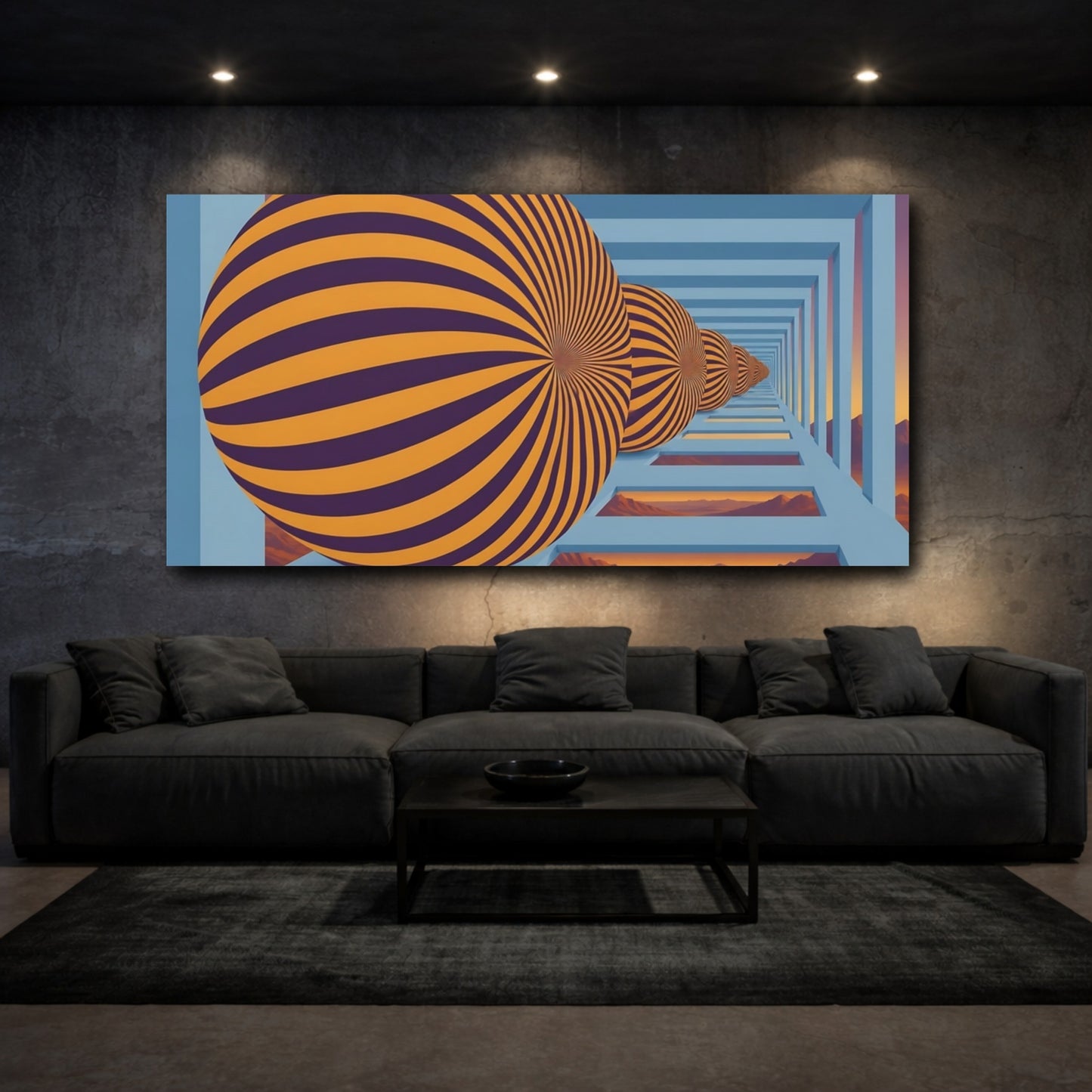 Mockup 3. Striped Sphere Illusion shown as canvas print