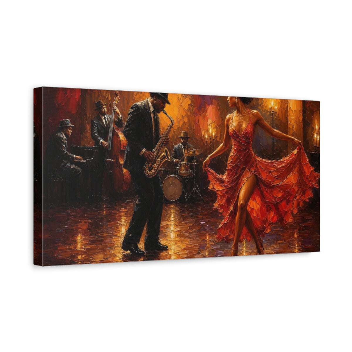 Side Mockup 3. Sultry Jazz Dancer In Red shown as canvas print
