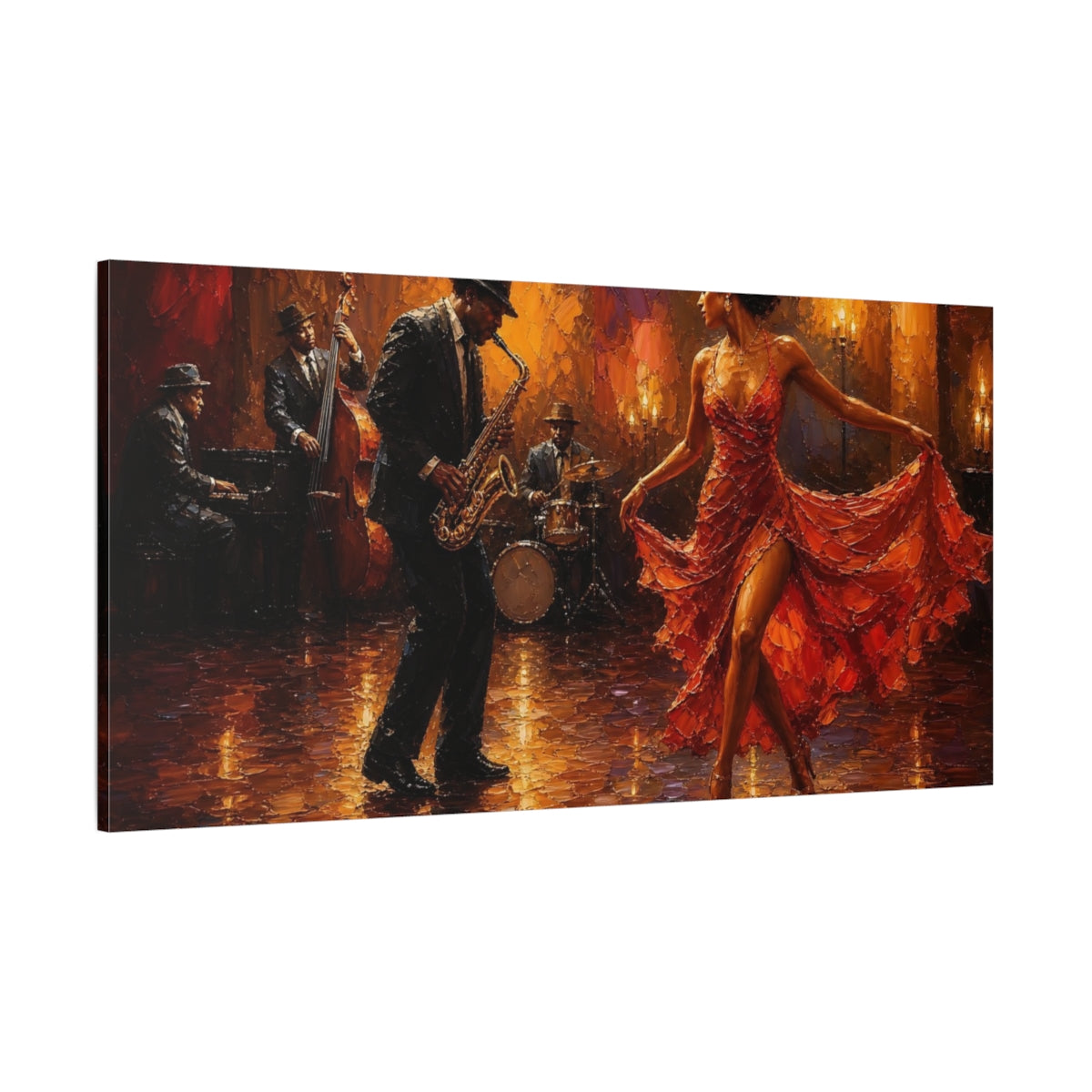 Side Mockup 2. Sultry Jazz Dancer In Red shown as canvas print