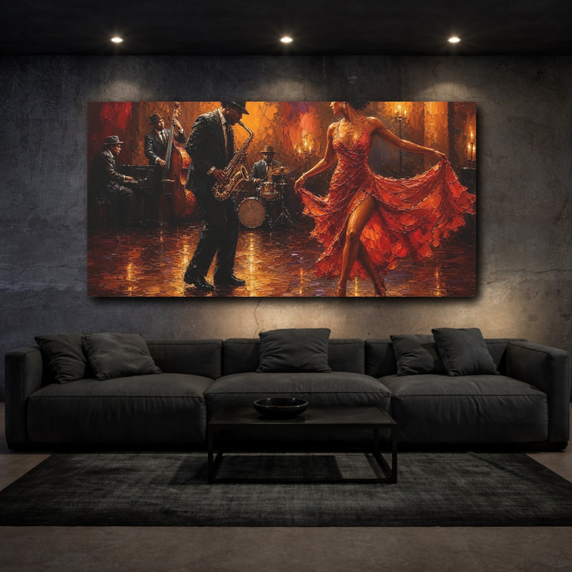 Mockup 3. Sultry Jazz Dancer In Red shown as canvas print