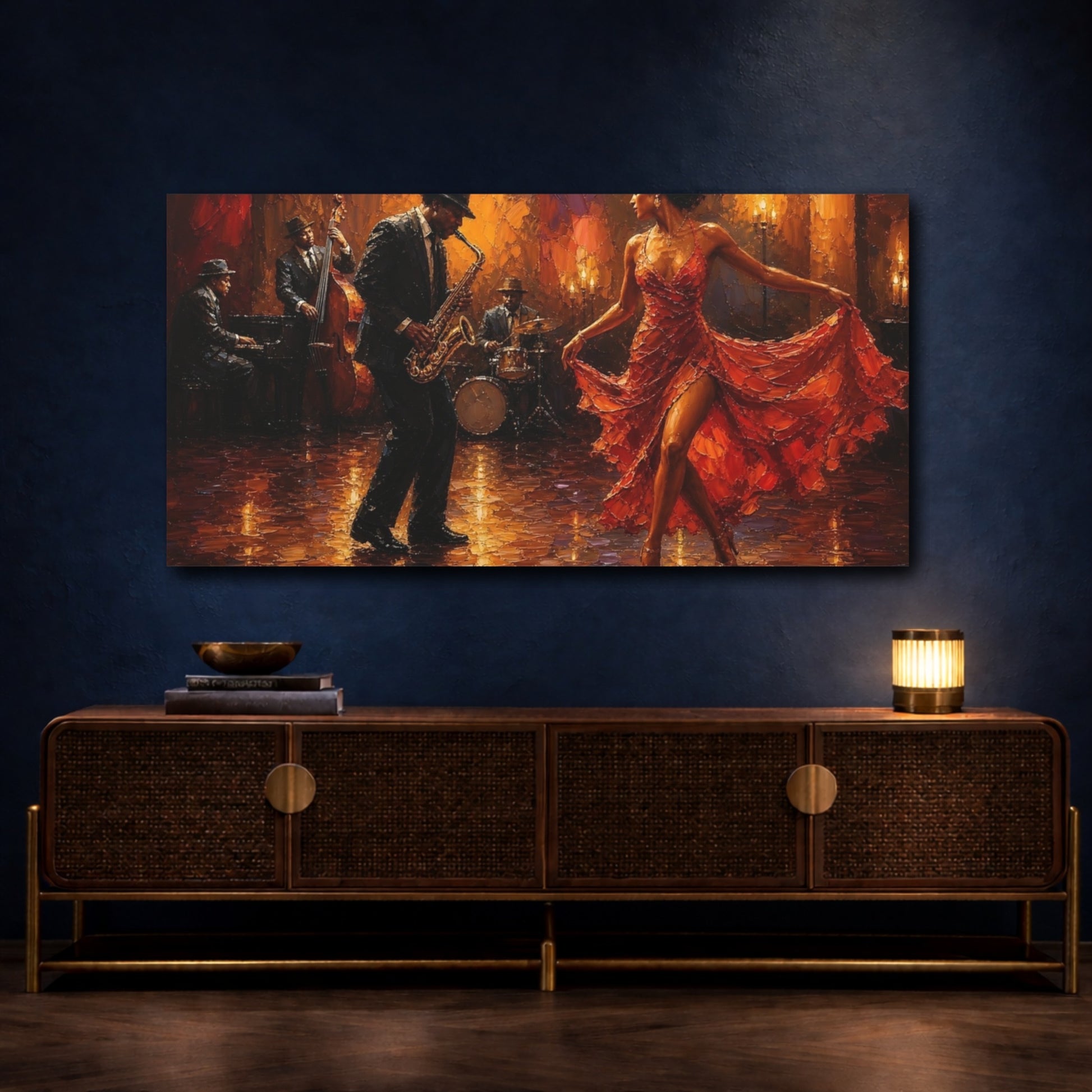 Mockup 4. Sultry Jazz Dancer In Red shown as canvas print