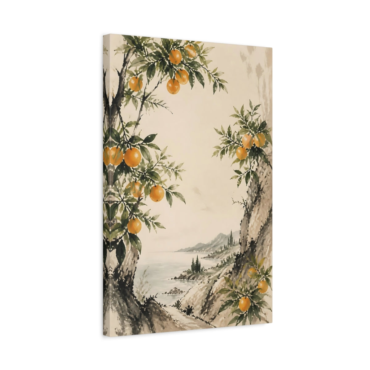 Side Mockup 3. Sumi-E Orange Branch shown as canvas print