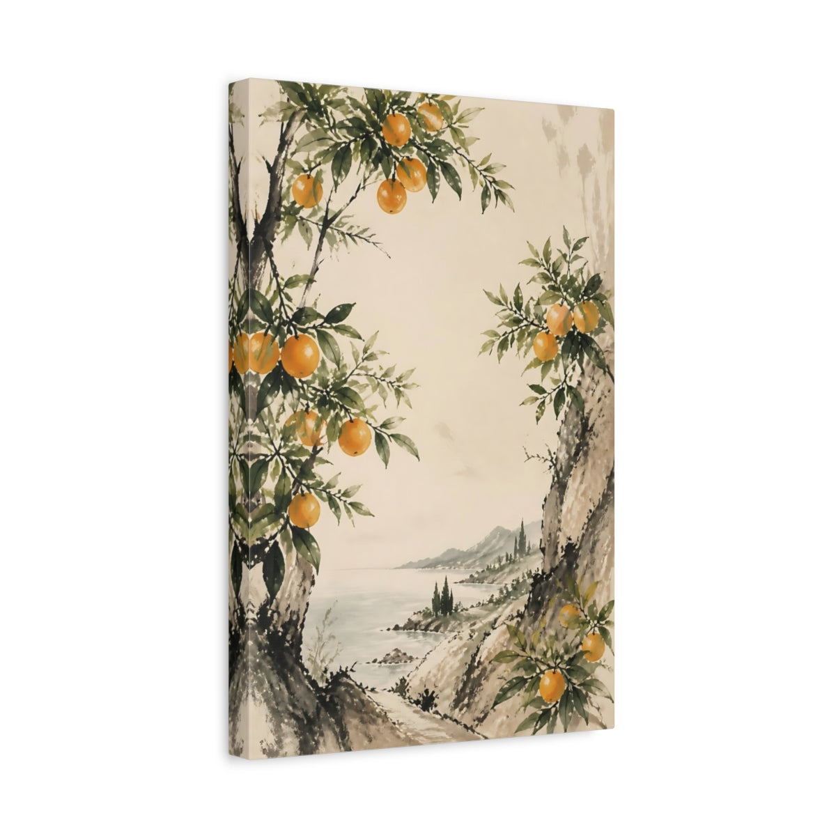 Side Mockup 4. Sumi-E Orange Branch shown as canvas print