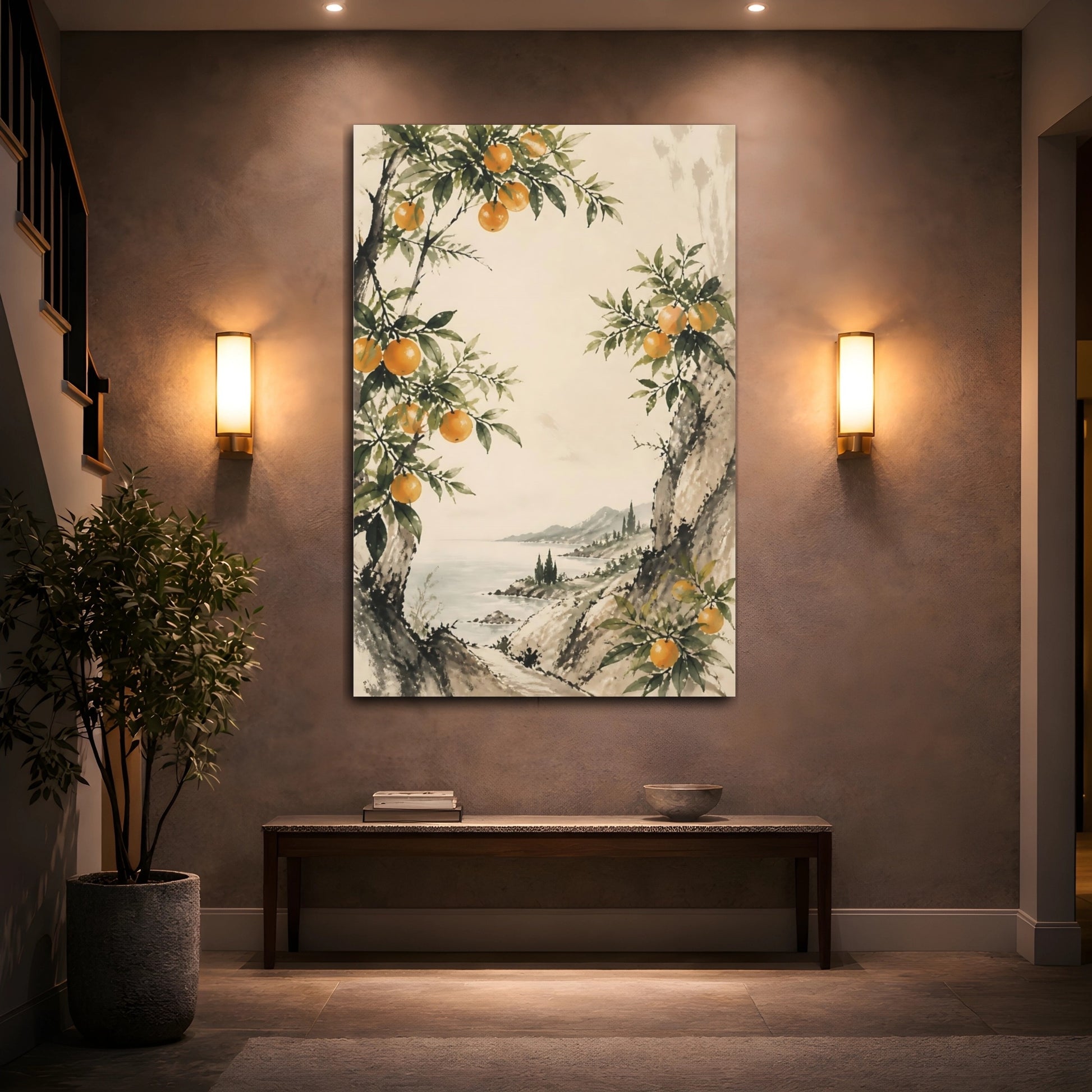 Mockup 2. Sumi-E Orange Branch shown as canvas print