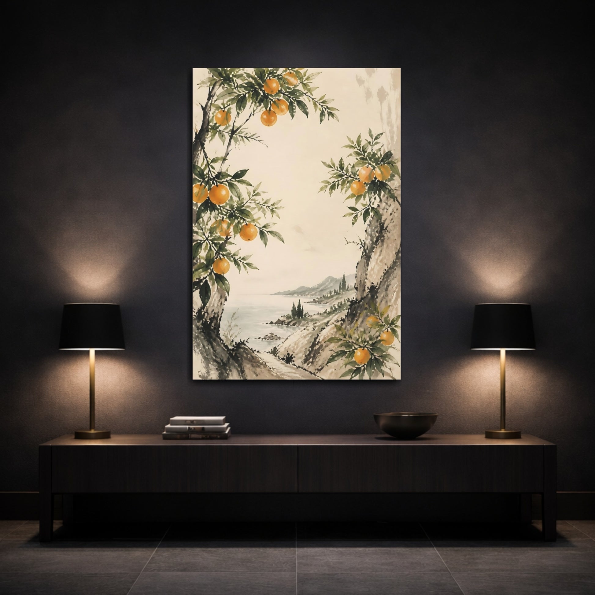 Mockup 3. Sumi-E Orange Branch shown as canvas print
