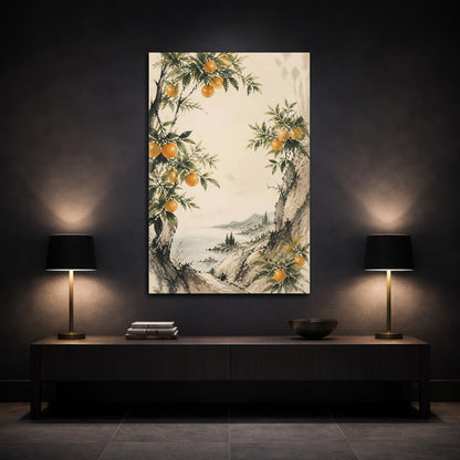 Mockup 3. Sumi-E Orange Branch shown as canvas print