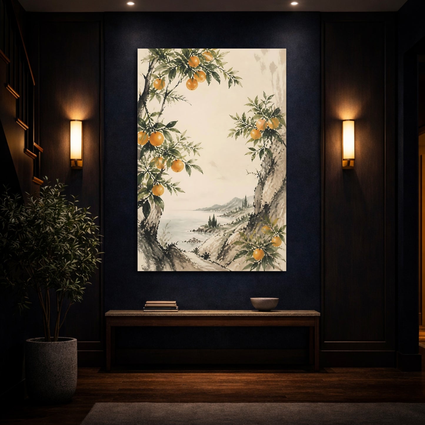 Mockup 4. Sumi-E Orange Branch shown as canvas print