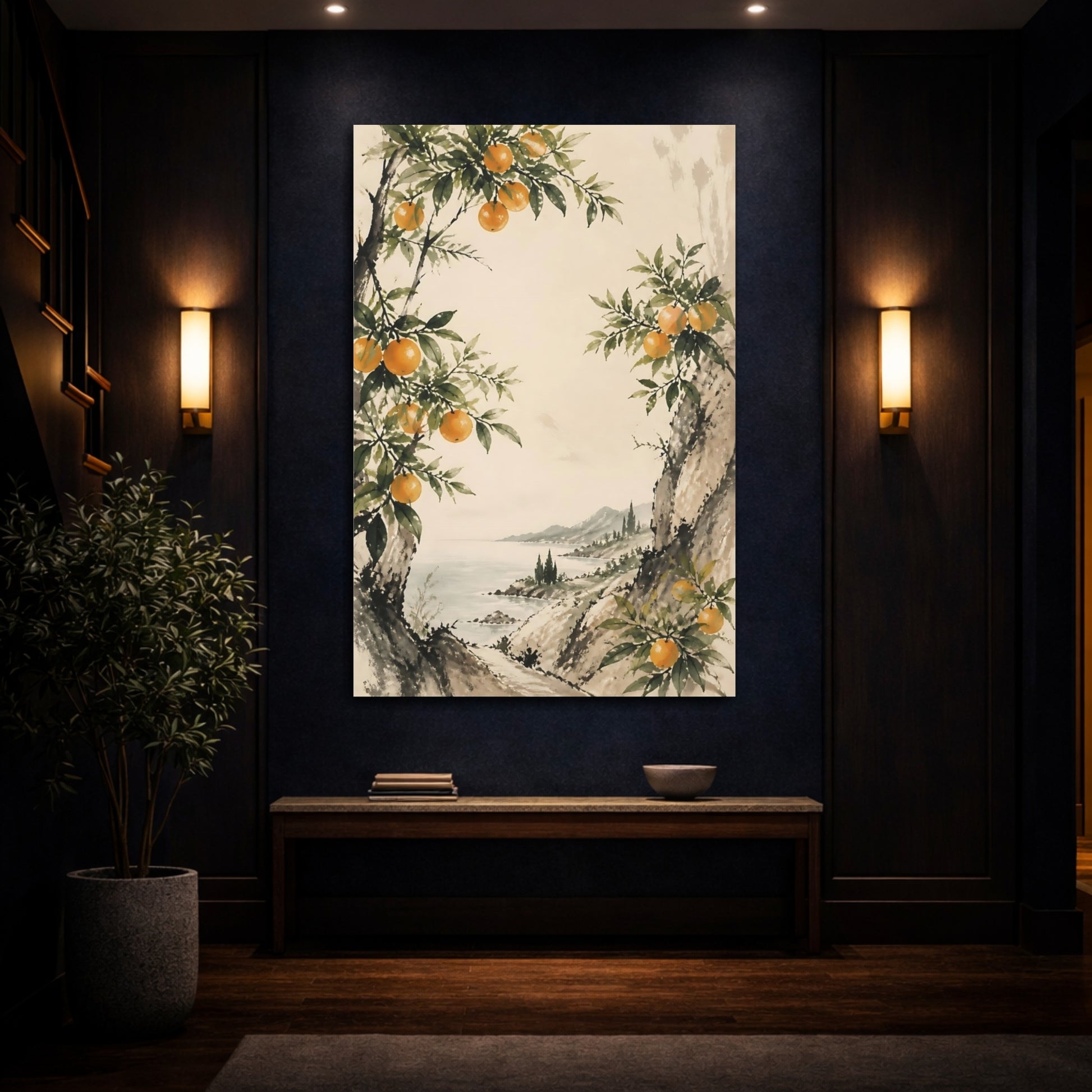 Mockup 4. Sumi-E Orange Branch shown as canvas print
