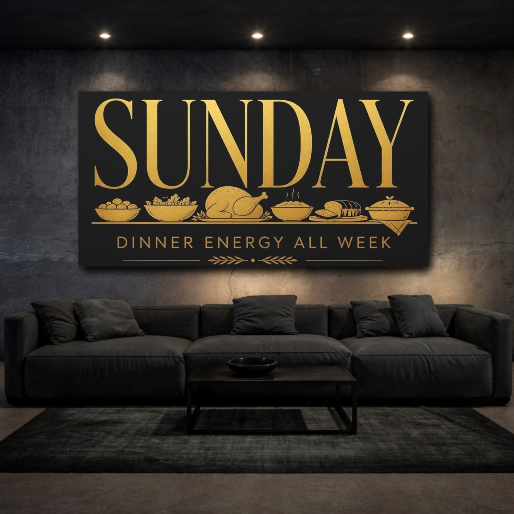 Mockup 3. Sunday Dinner Energy shown as canvas print