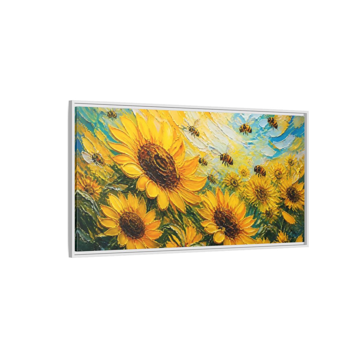 Side Mockup 3. Sunflower Field With Bees shown as framed canvas print