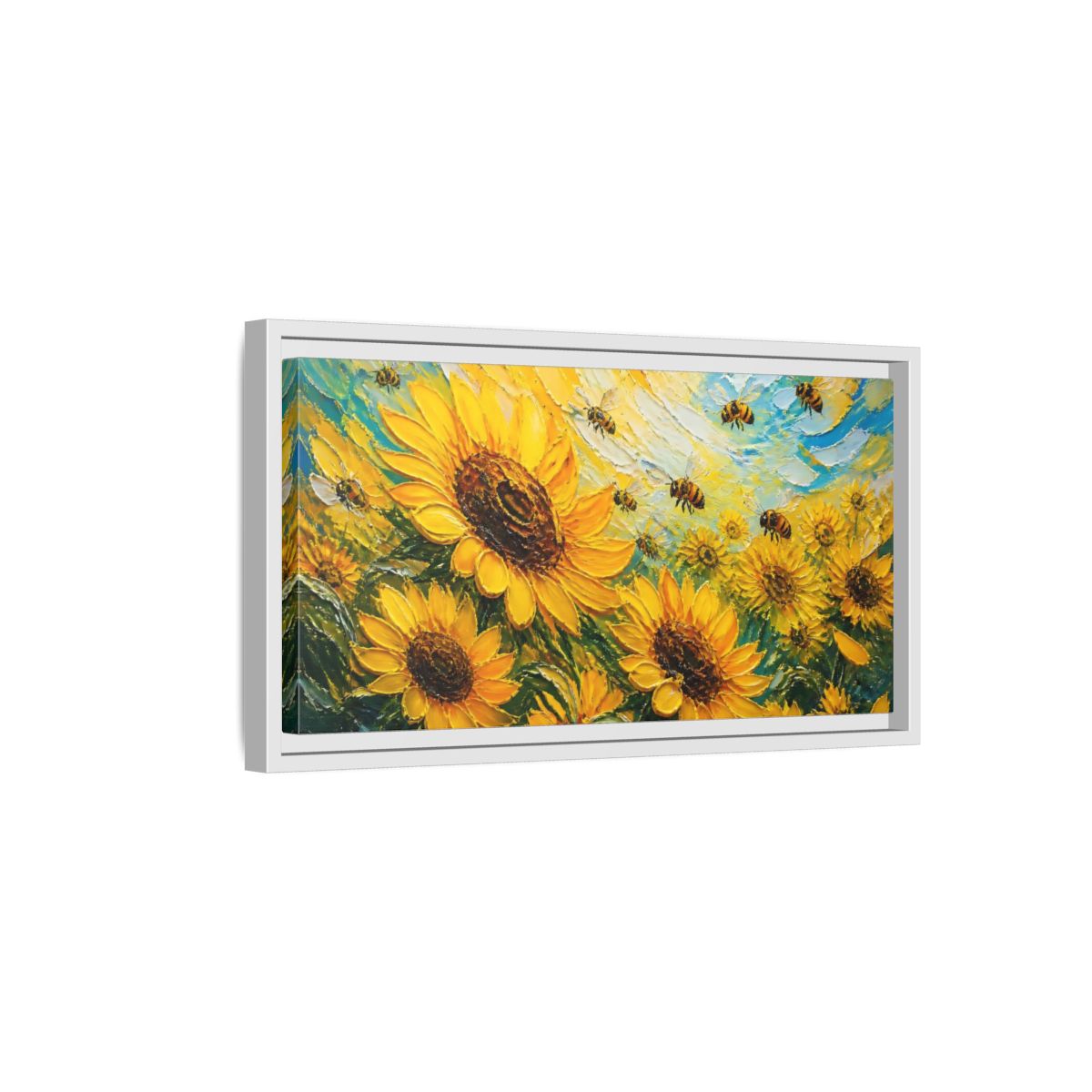 Side Mockup 6. Sunflower Field With Bees shown as framed canvas print