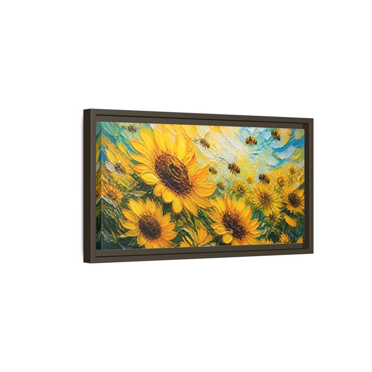 Side Mockup 7. Sunflower Field With Bees shown as framed canvas print