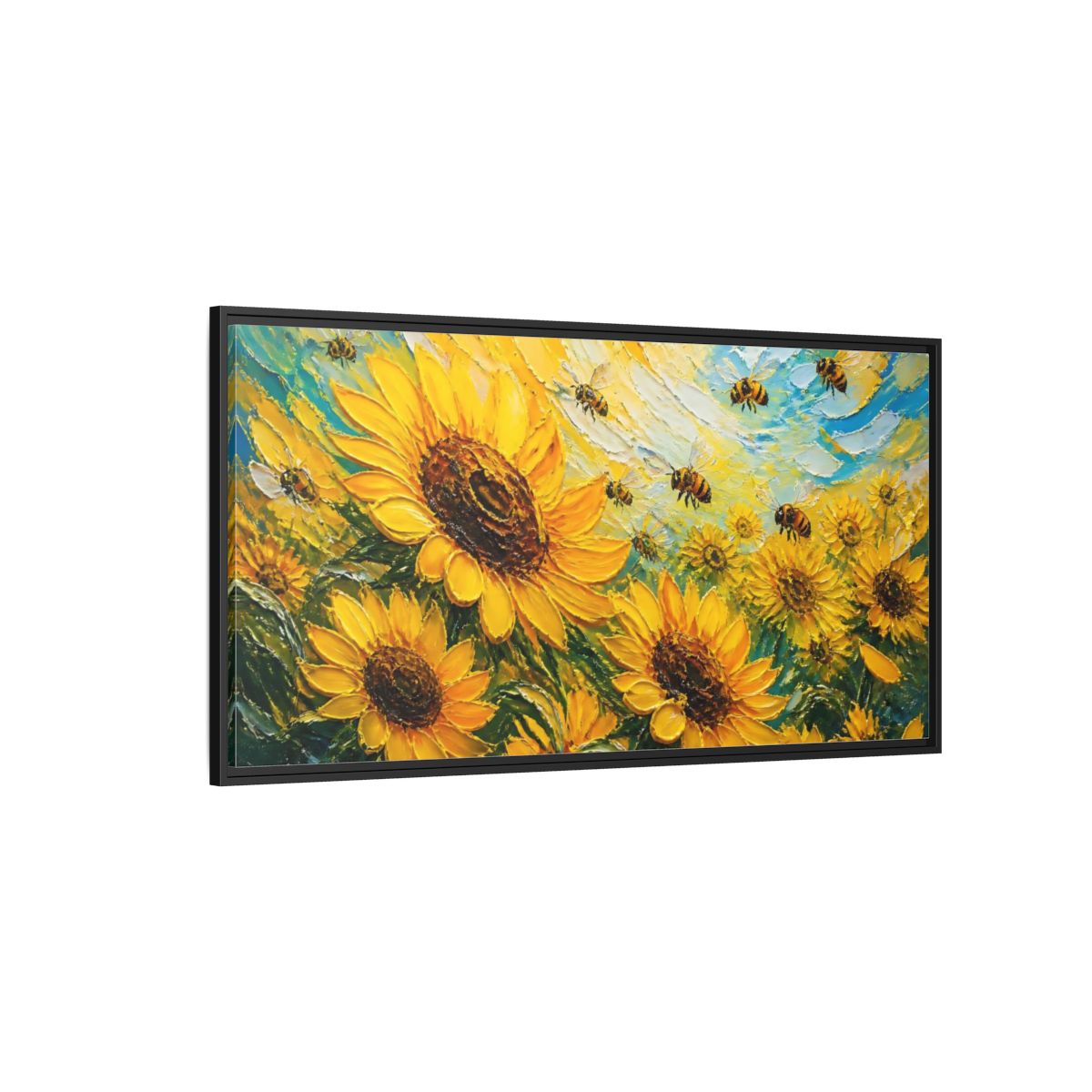 Side Mockup 5. Sunflower Field With Bees shown as framed canvas print