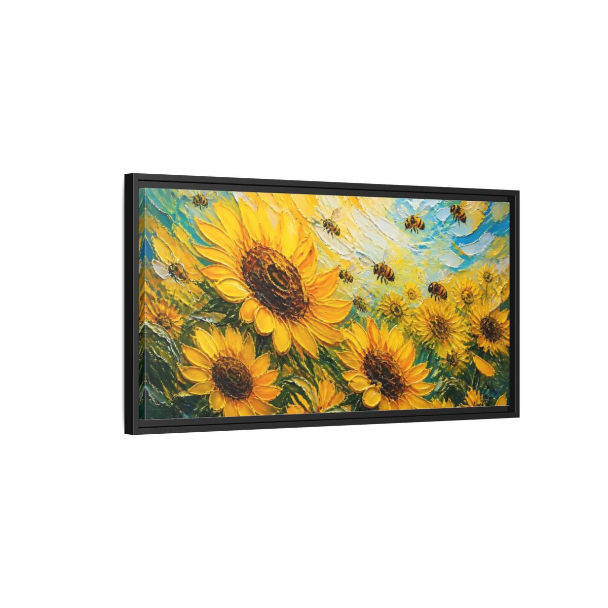 Side Mockup 2. Sunflower Field With Bees shown as framed canvas print