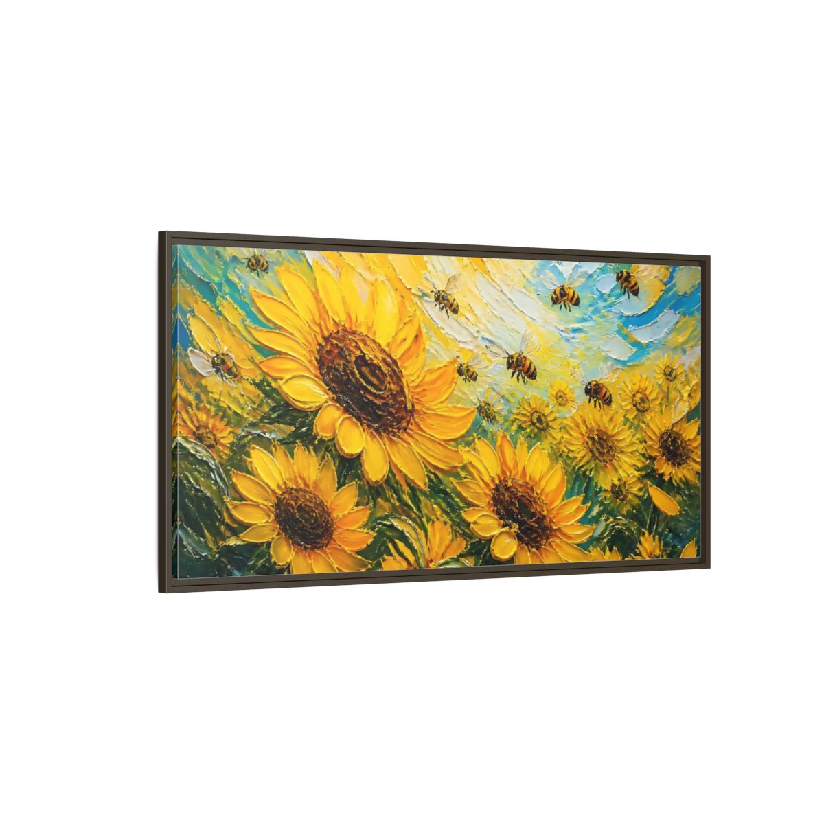Side Mockup 4. Sunflower Field With Bees shown as framed canvas print
