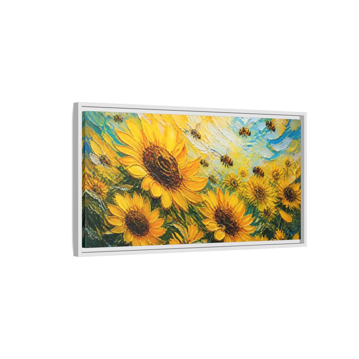 Side Mockup 1. Sunflower Field With Bees shown as framed canvas print