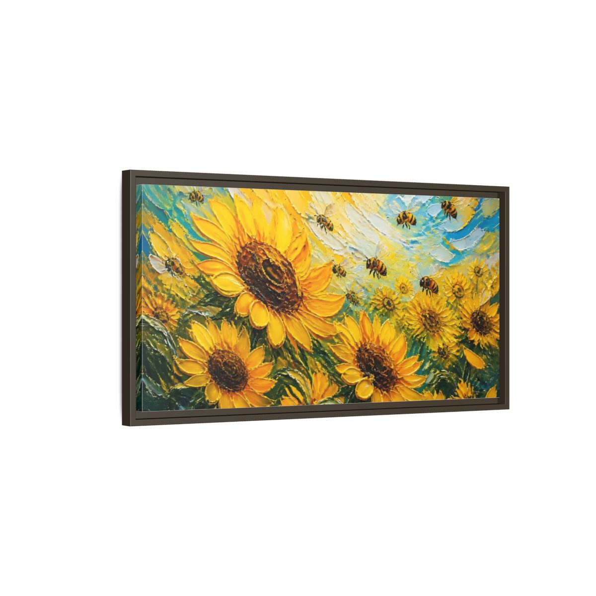 Main Mockup. Sunflower Field With Bees shown as framed canvas print