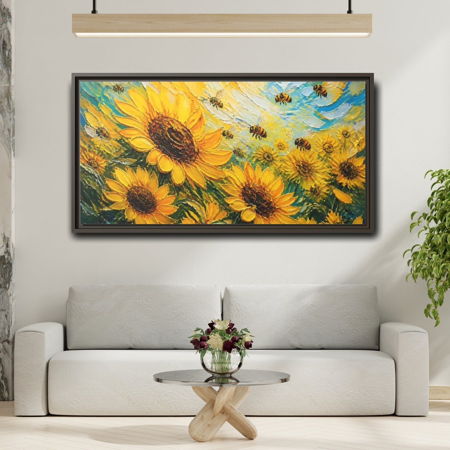 Mockup 2. Sunflower Field With Bees shown as framed canvas print