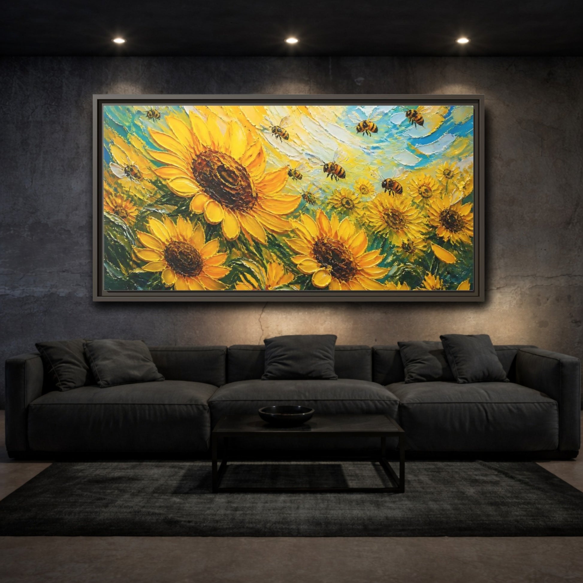 Mockup 3. Sunflower Field With Bees shown as framed canvas print