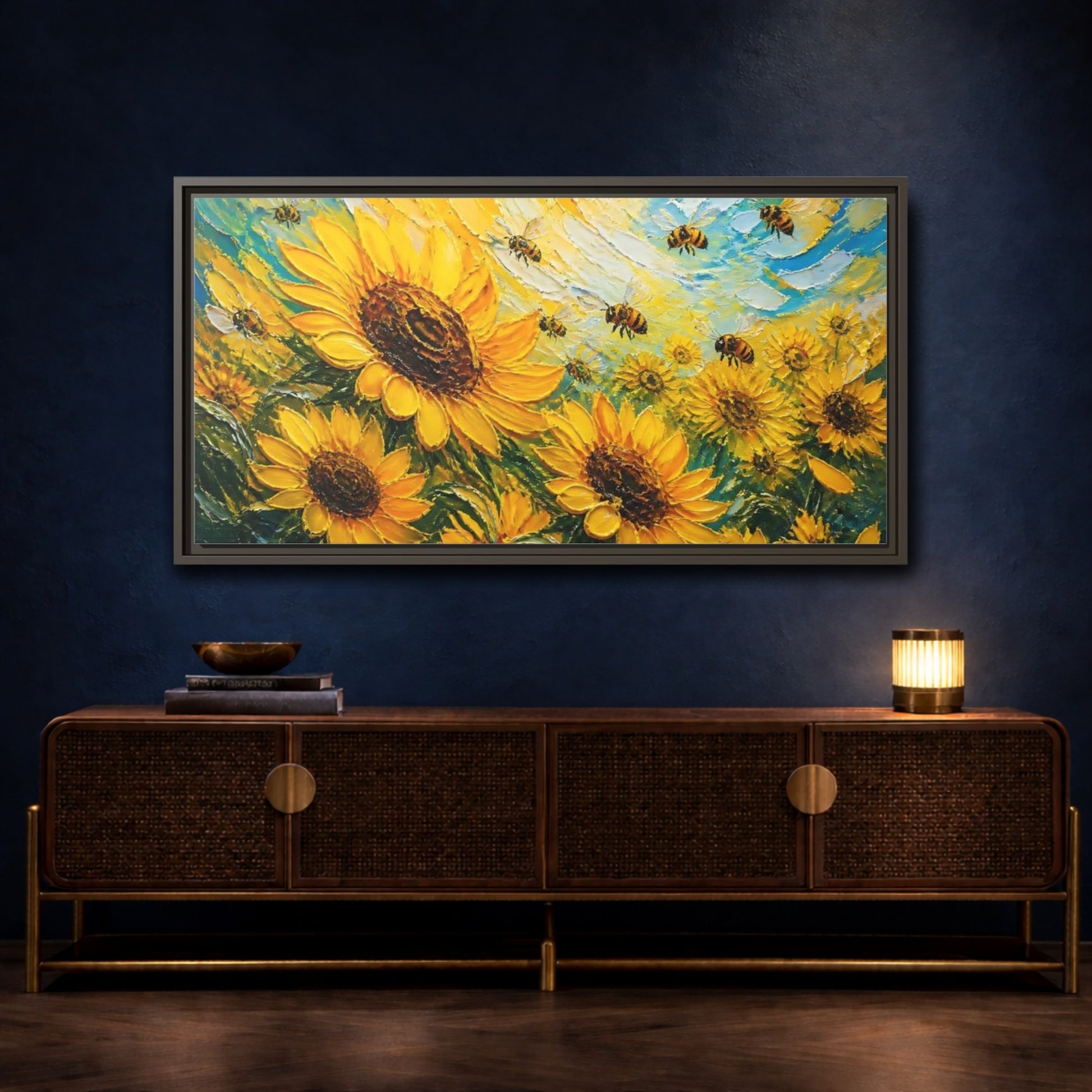 Mockup 4. Sunflower Field With Bees shown as framed canvas print